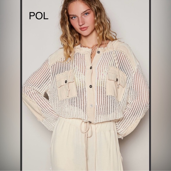 POL Tops - BB25. NWT POL Cream Mixed Media Sheer Mesh Button Front Hoodie